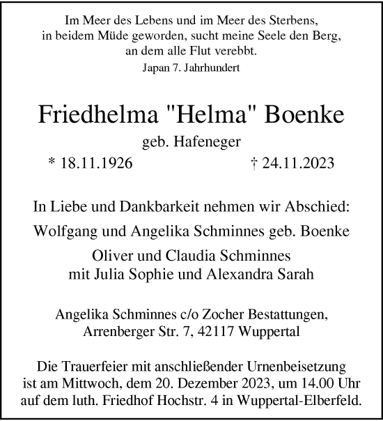 Traueranzeige von Friedhelma Boenke von trauer.wuppertaler-rundschau.de