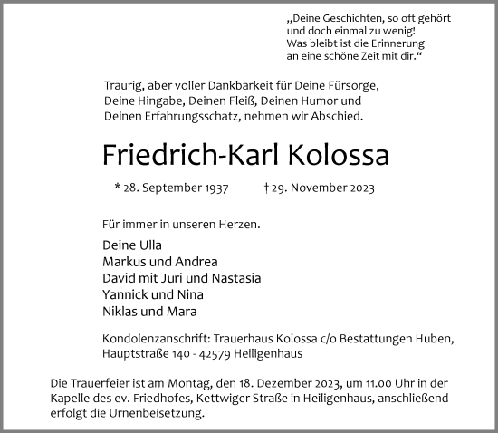 Traueranzeige von Friedrich-Karl Kolossa von trauer.duesseldorfer-anzeiger.de