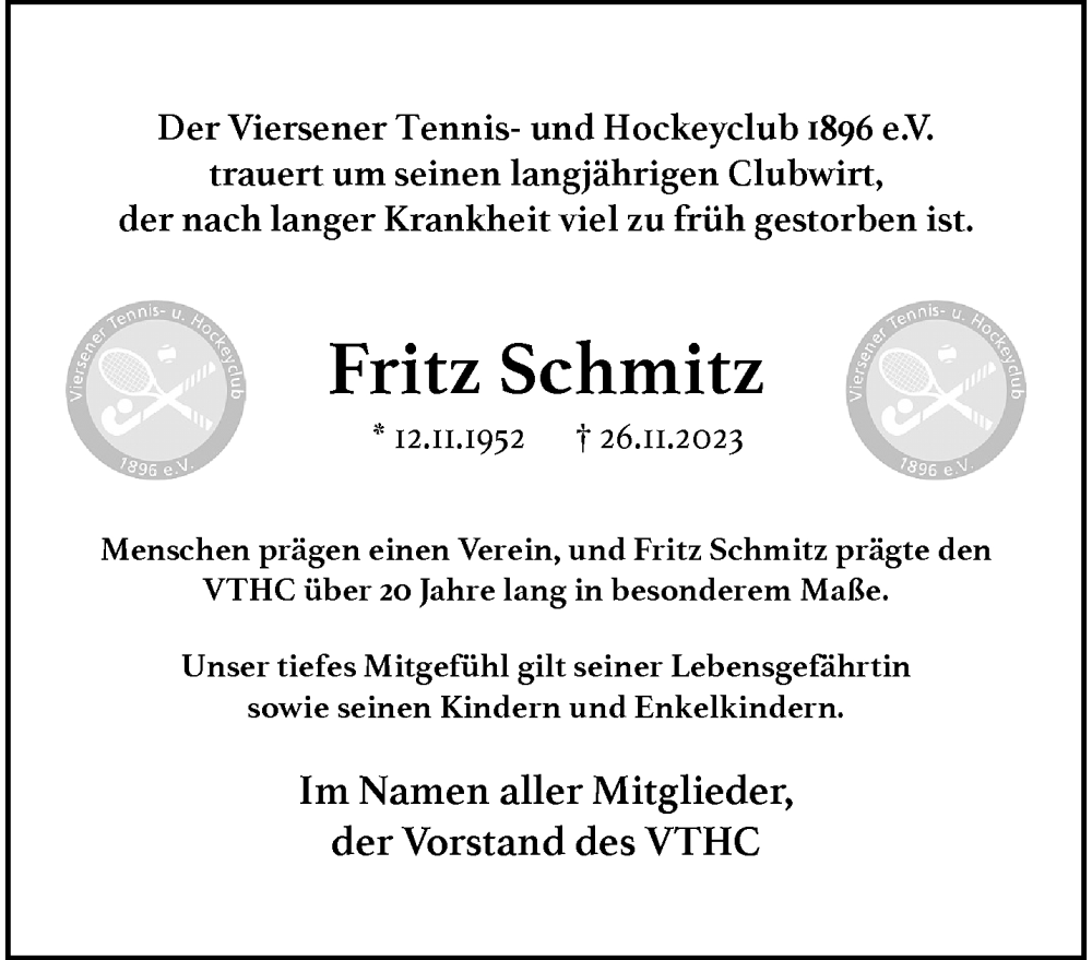  Traueranzeige für Fritz Schmitz vom 03.12.2023 aus trauer.extra-tipp-moenchengladbach.de