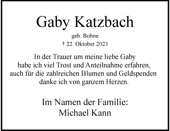 Traueranzeige von Gaby Katzbach von trauer.wuppertaler-rundschau.de