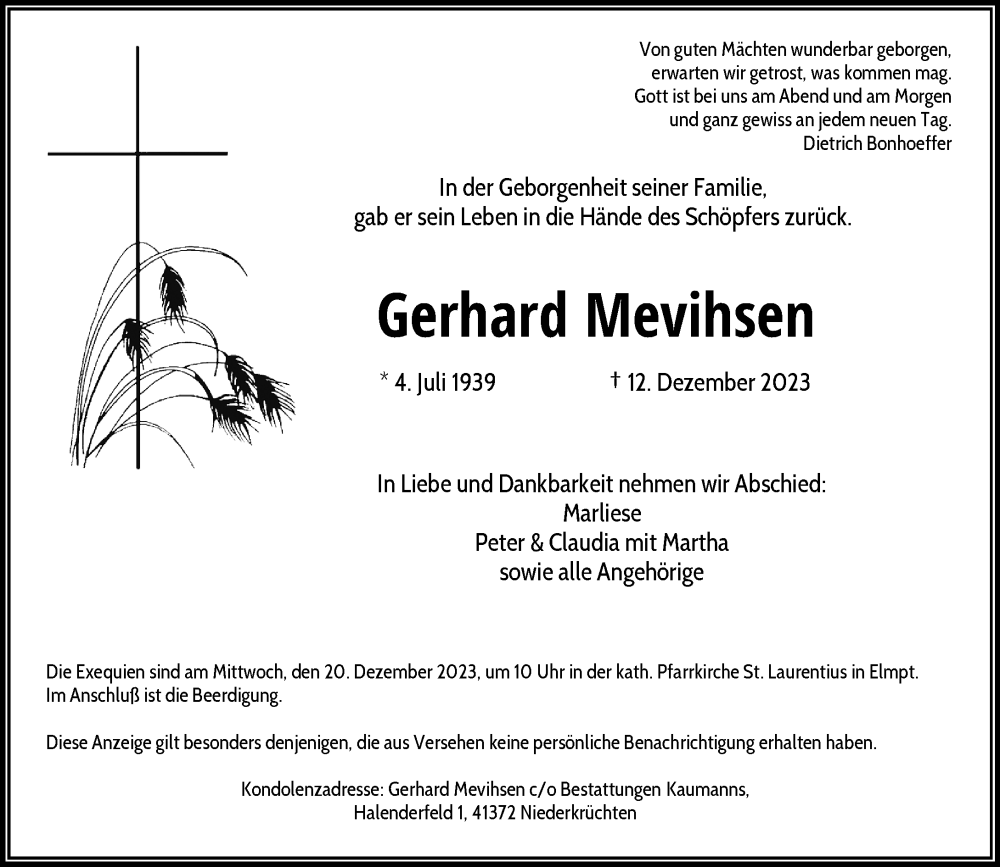  Traueranzeige für Gerhard Mevihsen vom 17.12.2023 aus trauer.extra-tipp-moenchengladbach.de