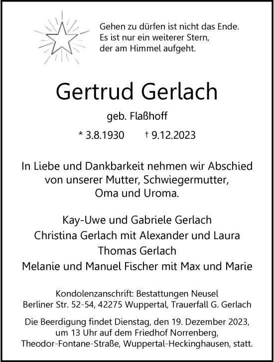 Traueranzeige von Gertrud Gerlach von trauer.wuppertaler-rundschau.de