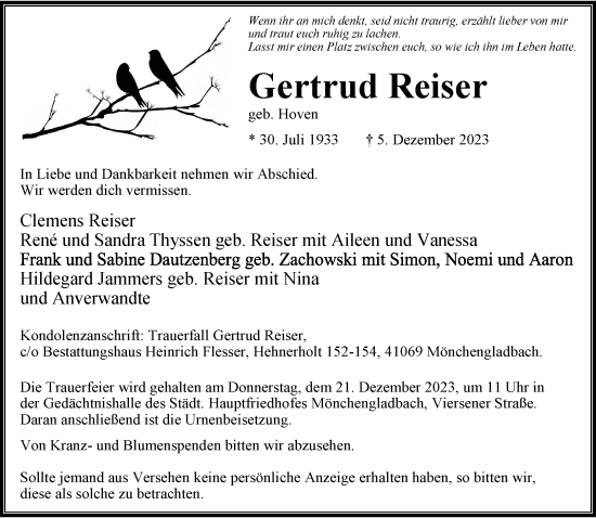 Traueranzeige von Gertrud Reiser von trauer.extra-tipp-moenchengladbach.de