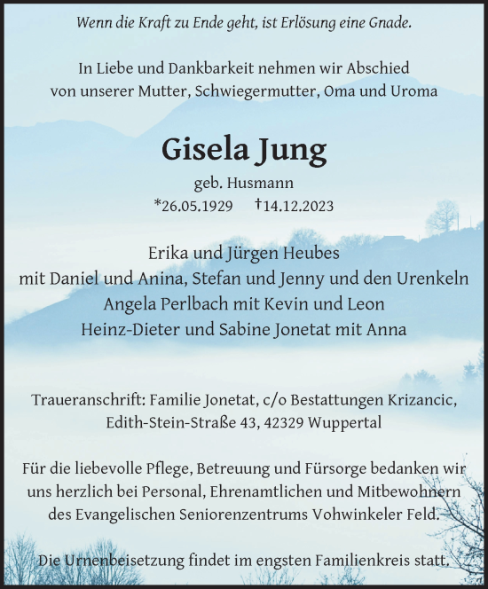 Traueranzeige von Gisela Jung von trauer.wuppertaler-rundschau.de