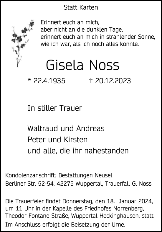 Traueranzeige von Gisela Noss von trauer.wuppertaler-rundschau.de