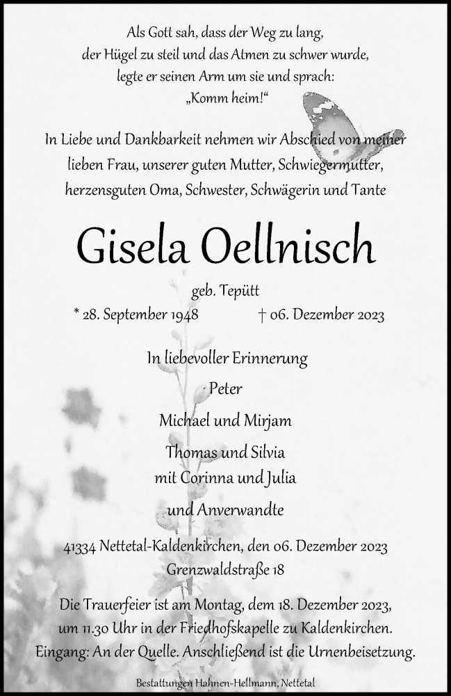  Traueranzeige für Gisela Oellnisch vom 10.12.2023 aus trauer.extra-tipp-moenchengladbach.de