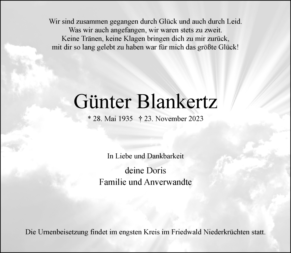  Traueranzeige für Günter Blankertz vom 03.12.2023 aus trauer.extra-tipp-moenchengladbach.de