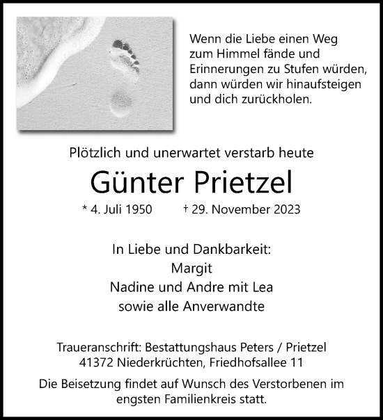 Traueranzeige von Günter Prietzel von trauer.extra-tipp-moenchengladbach.de