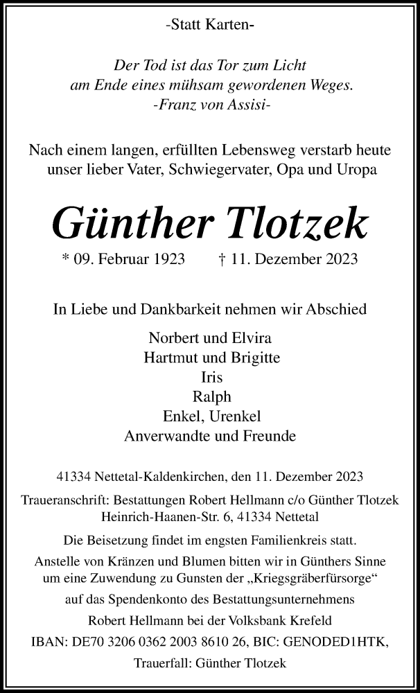  Traueranzeige für Günther Tlotzek vom 17.12.2023 aus trauer.extra-tipp-moenchengladbach.de