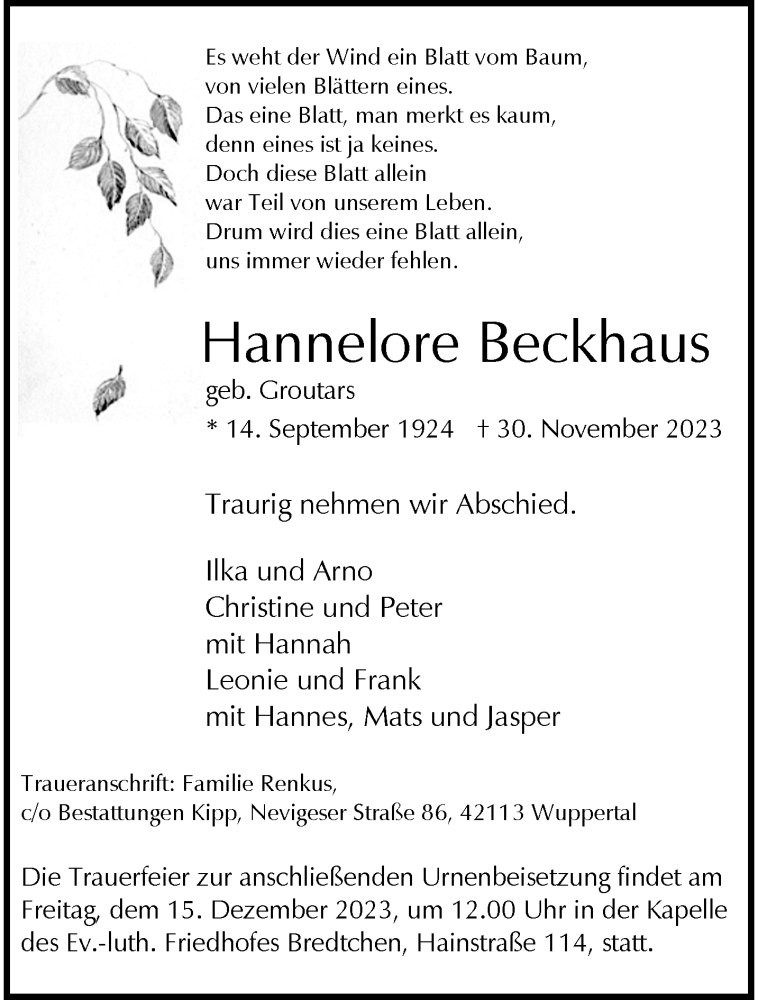  Traueranzeige für Hannelore Beckhaus vom 09.12.2023 aus trauer.wuppertaler-rundschau.de