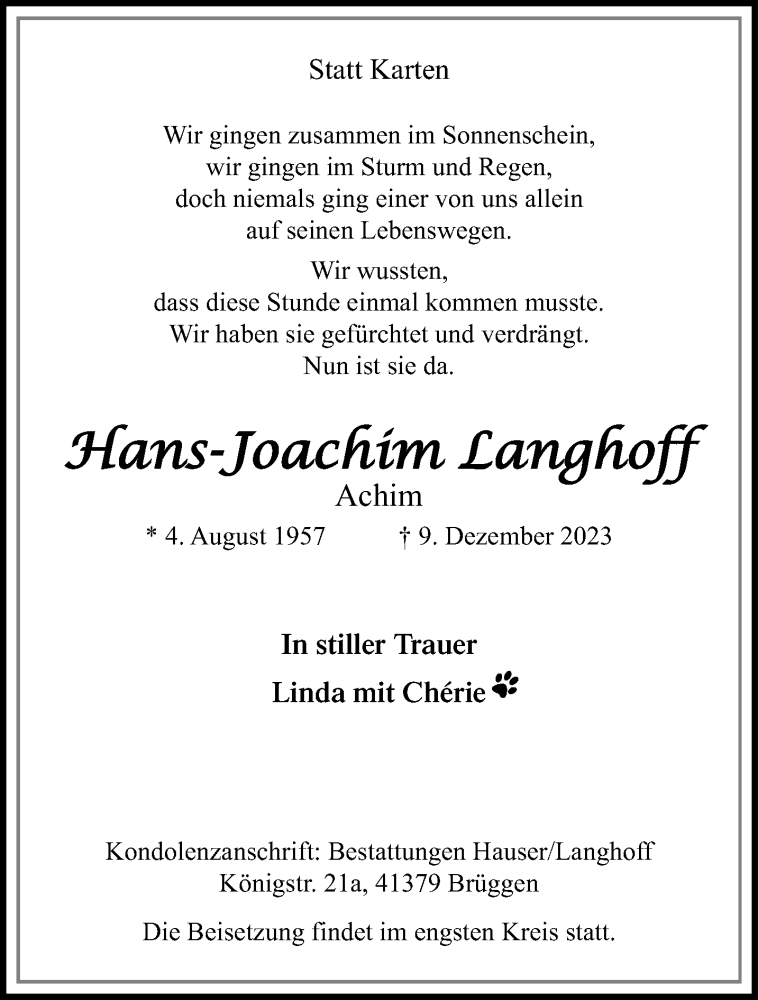  Traueranzeige für Hans-Joachim Langhoff vom 17.12.2023 aus trauer.extra-tipp-moenchengladbach.de