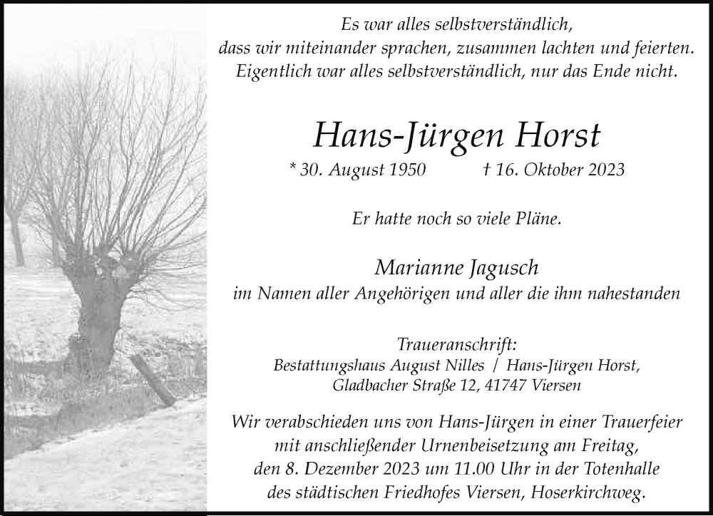  Traueranzeige für Hans-Jürgen Horst vom 03.12.2023 aus trauer.extra-tipp-moenchengladbach.de