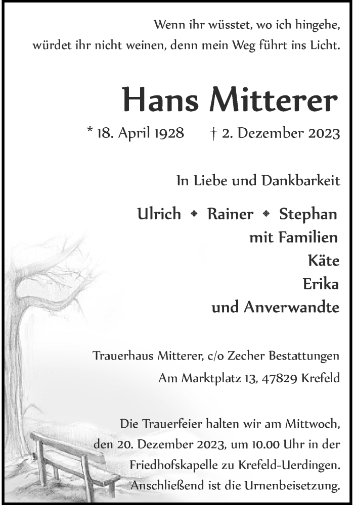  Traueranzeige für Hans Mitterer vom 10.12.2023 aus trauer.extra-tipp-moenchengladbach.de