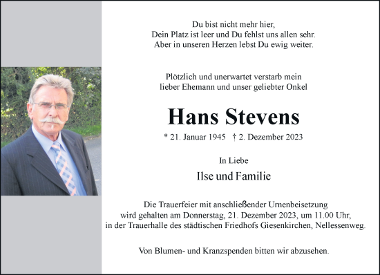 Traueranzeige von Hans Stevens von trauer.extra-tipp-moenchengladbach.de