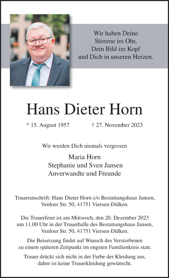 Traueranzeige von Hans Dieter Horn von trauer.extra-tipp-moenchengladbach.de