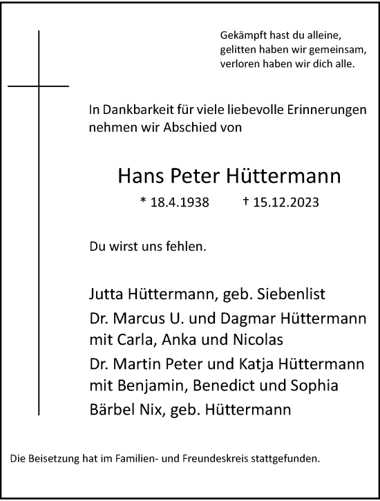 Traueranzeige von Hans Peter Hüttermann von trauer.wuppertaler-rundschau.de