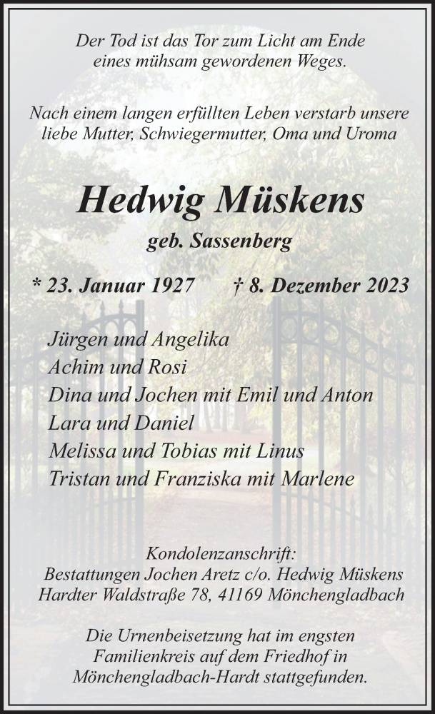 Traueranzeige für Hedwig Müskens vom 24.12.2023 aus trauer.extra-tipp-moenchengladbach.de
