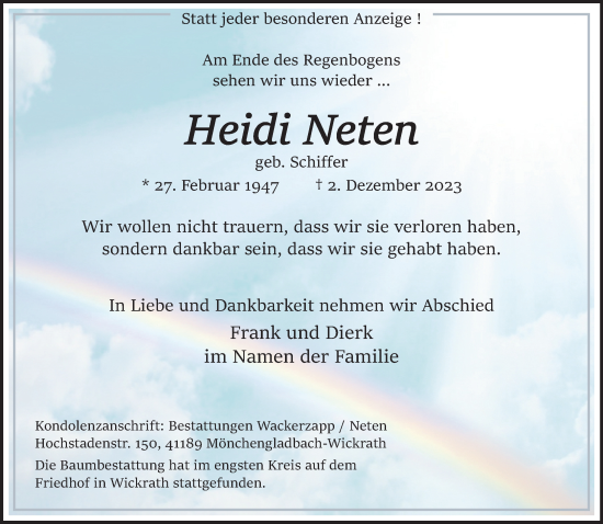 Traueranzeige von Heidi Neten von trauer.extra-tipp-moenchengladbach.de