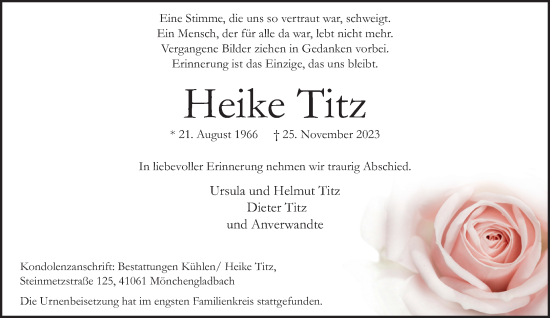Traueranzeige von Heike Titz von trauer.extra-tipp-moenchengladbach.de