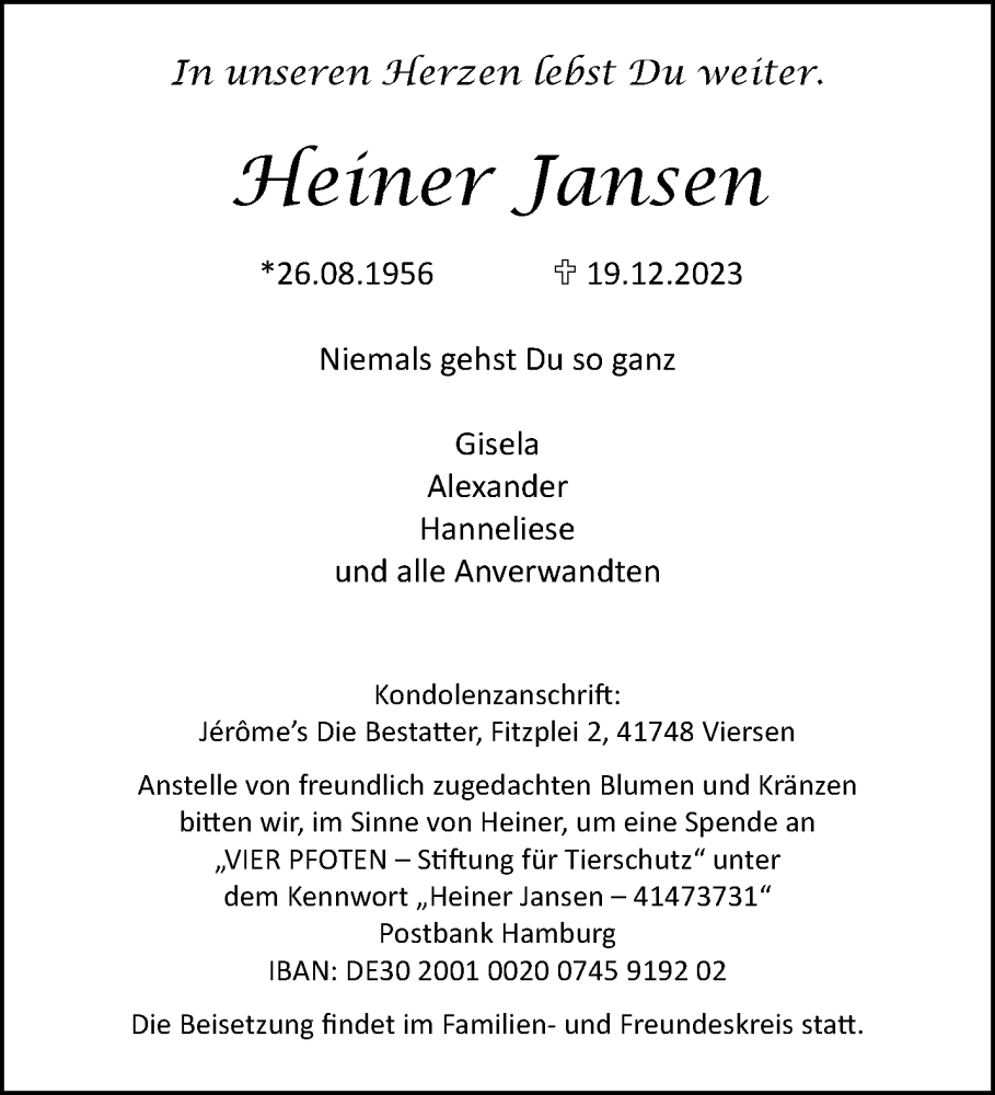  Traueranzeige für Heiner Jansen vom 24.12.2023 aus trauer.extra-tipp-moenchengladbach.de