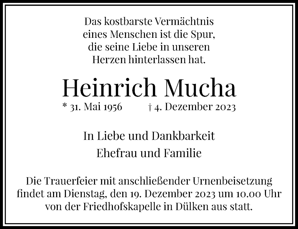  Traueranzeige für Heinrich Mucha vom 17.12.2023 aus trauer.extra-tipp-moenchengladbach.de