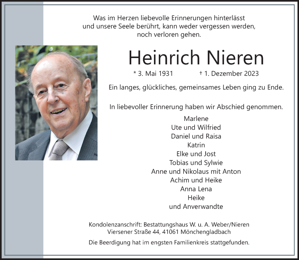 Traueranzeige für Heinrich Nieren vom 17.12.2023 aus trauer.extra-tipp-moenchengladbach.de