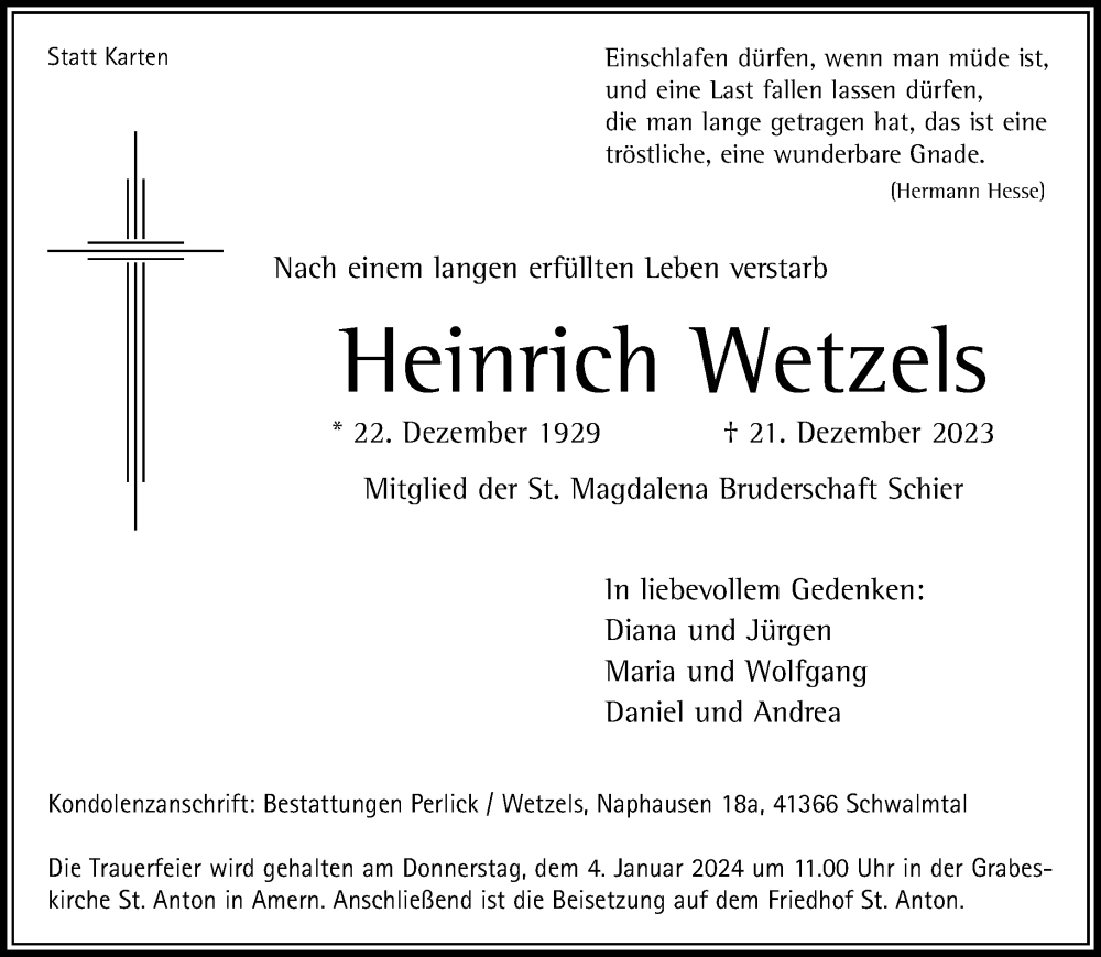  Traueranzeige für Heinrich Wetzels vom 24.12.2023 aus trauer.extra-tipp-moenchengladbach.de