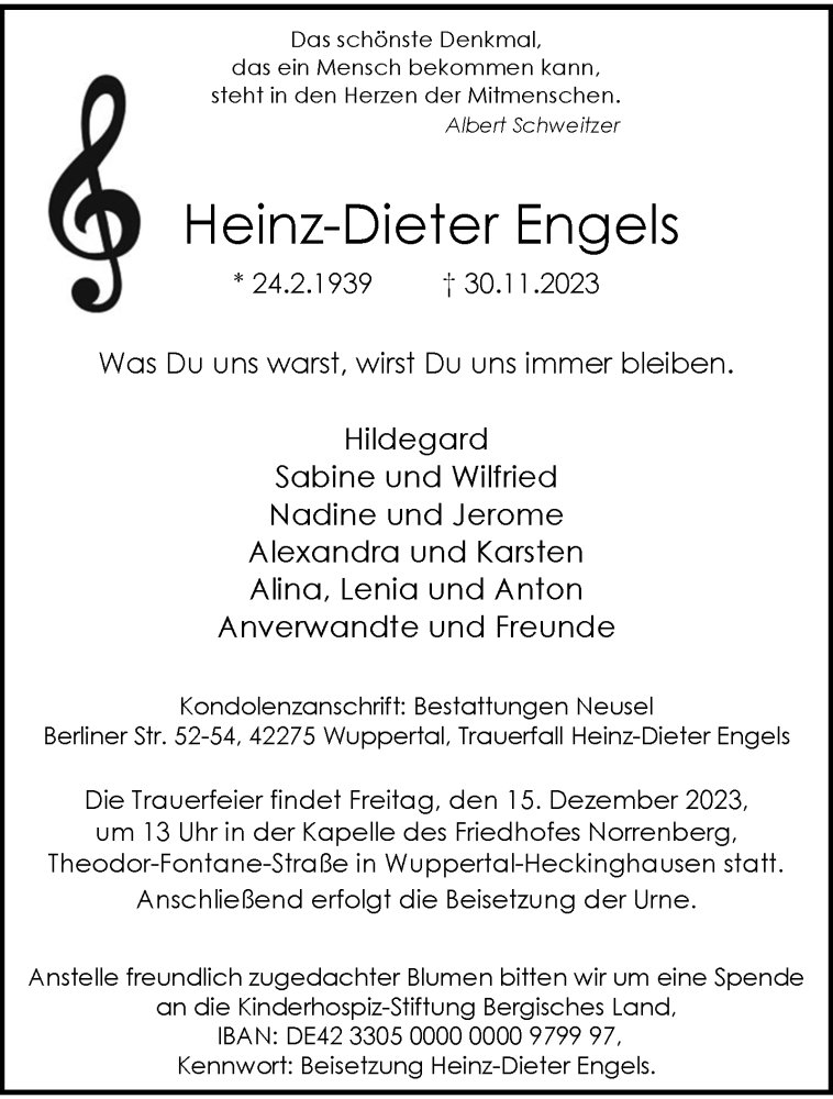  Traueranzeige für Heinz-Dieter Engels vom 09.12.2023 aus trauer.wuppertaler-rundschau.de