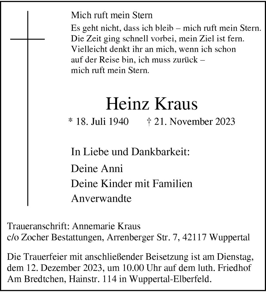  Traueranzeige für Heinz Kraus vom 09.12.2023 aus trauer.wuppertaler-rundschau.de