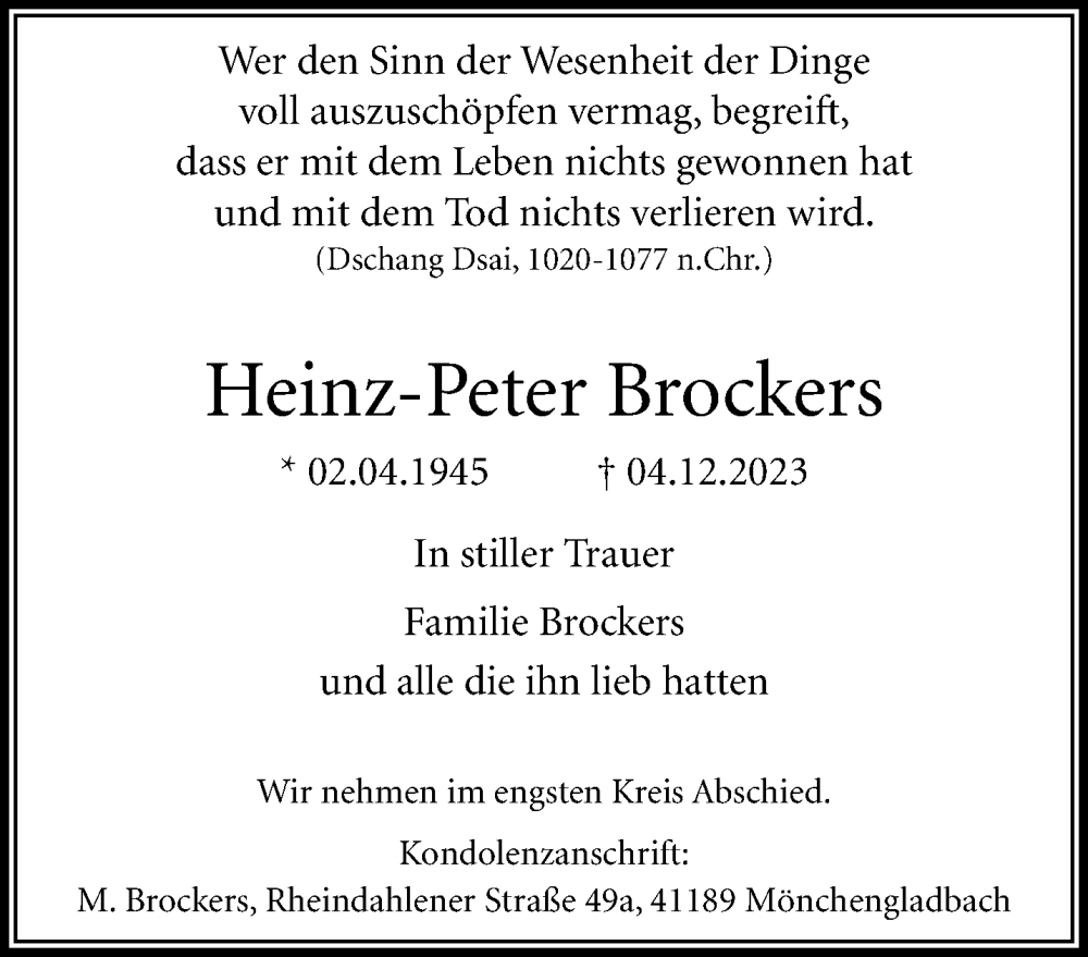  Traueranzeige für Heinz-Peter Brockers vom 17.12.2023 aus trauer.extra-tipp-moenchengladbach.de