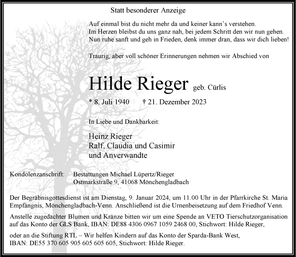  Traueranzeige für Heinz Rieger vom 31.12.2023 aus trauer.extra-tipp-moenchengladbach.de