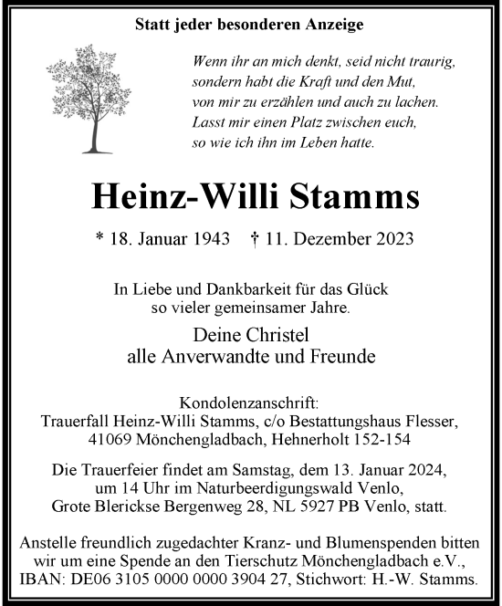 Traueranzeige von Heinz-Willi Stamms von trauer.extra-tipp-moenchengladbach.de