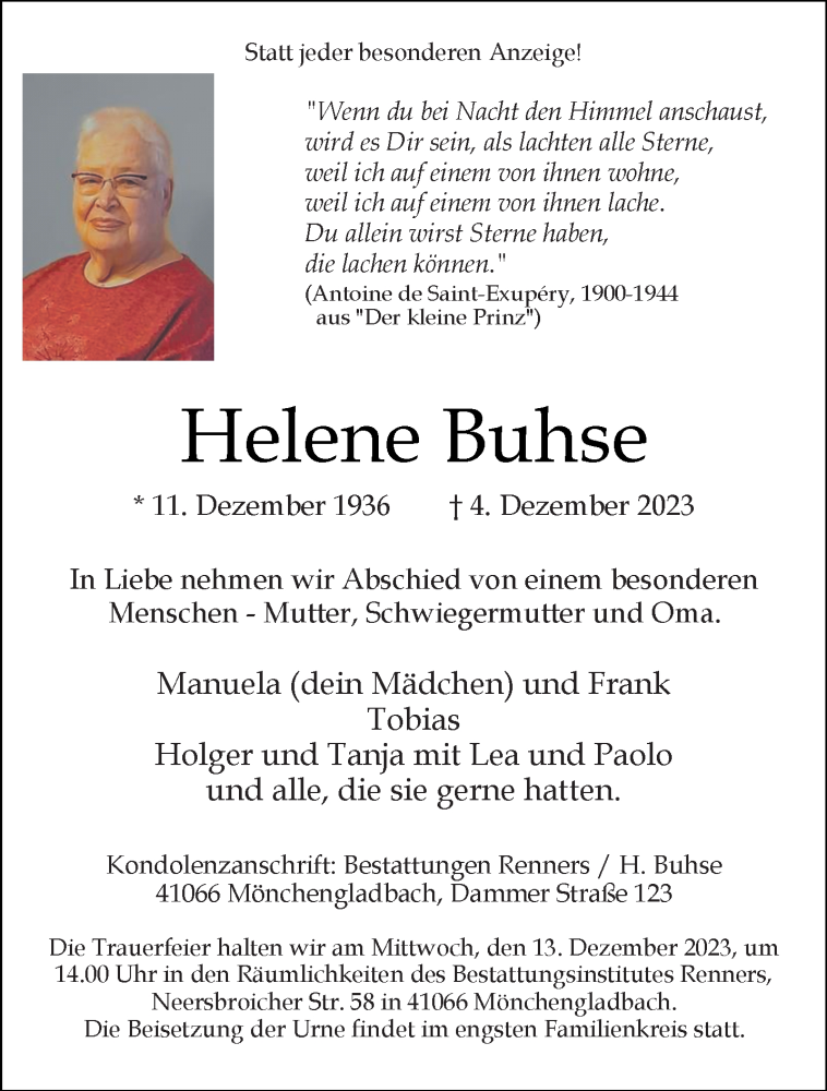  Traueranzeige für Helene Buhse vom 10.12.2023 aus trauer.extra-tipp-moenchengladbach.de