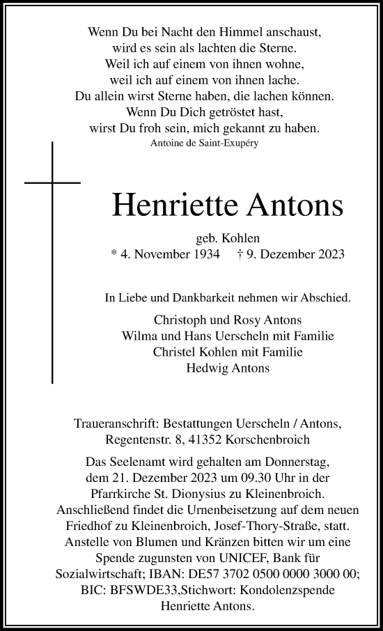 Traueranzeige von Henriette Antons von trauer.extra-tipp-moenchengladbach.de