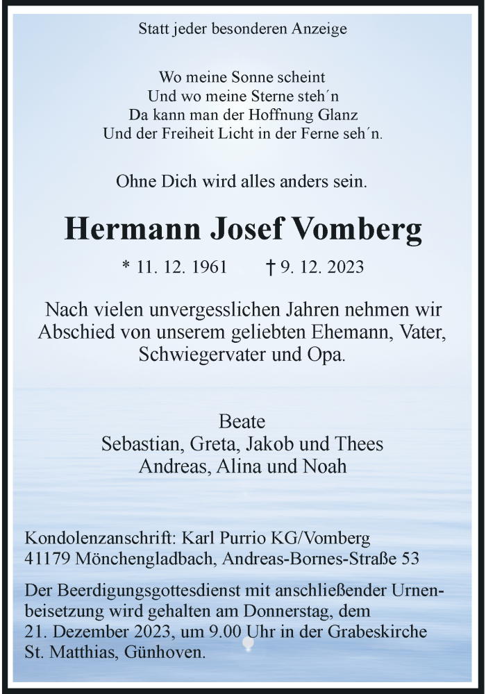  Traueranzeige für Hermann Josef Vomberg vom 17.12.2023 aus trauer.extra-tipp-moenchengladbach.de