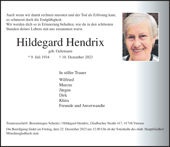 Traueranzeige von Hildegard Hendrix von trauer.extra-tipp-moenchengladbach.de