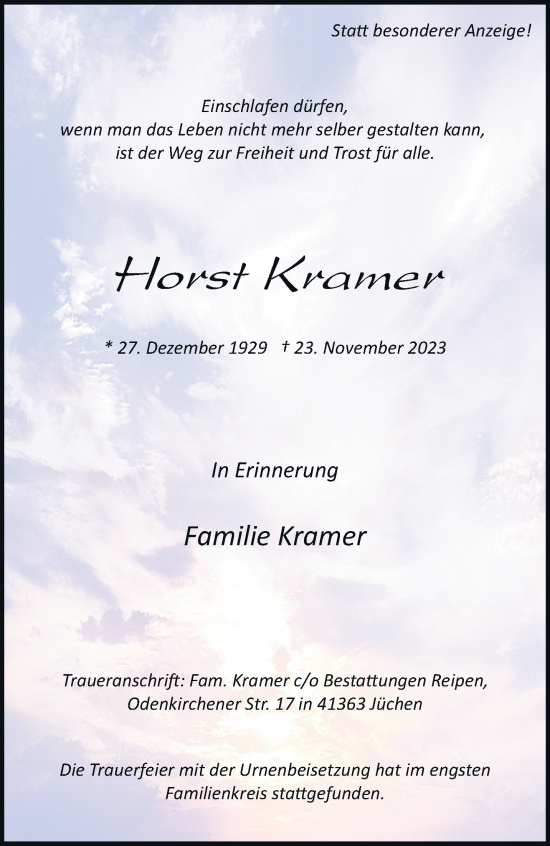 Traueranzeige von Horst Kramer von trauer.stadt-kurier.de