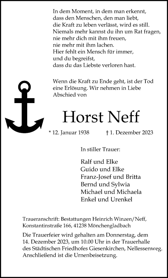 Traueranzeige von Horst Neff von trauer.extra-tipp-moenchengladbach.de