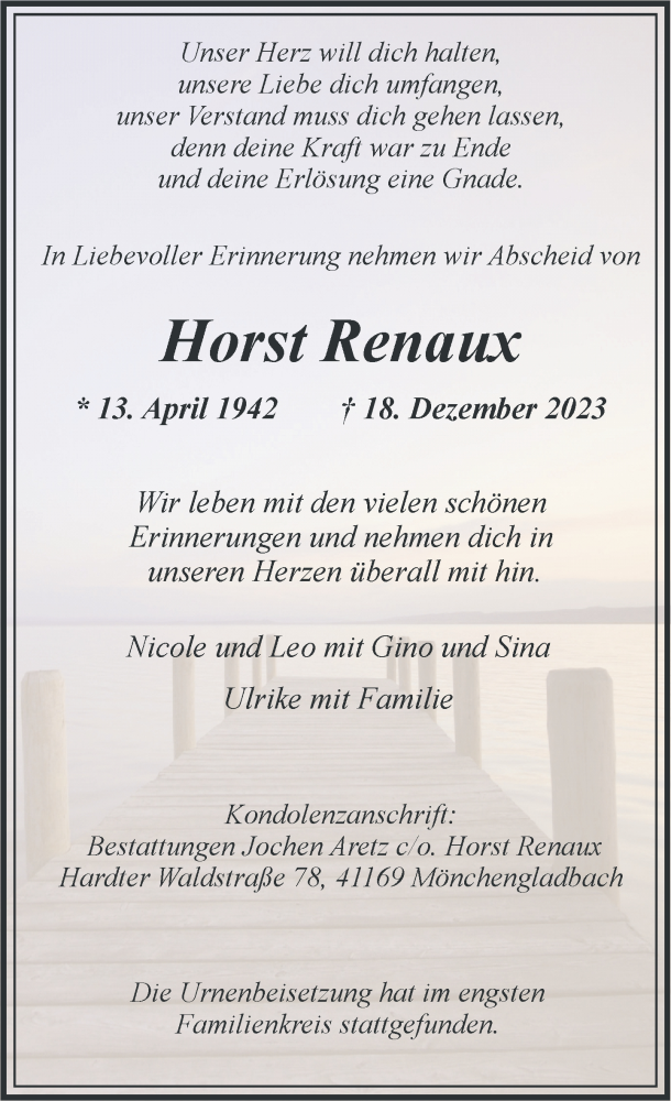  Traueranzeige für Horst Renaux vom 31.12.2023 aus trauer.extra-tipp-moenchengladbach.de