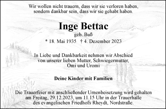 Traueranzeige von Inge Bettac von trauer.extra-tipp-moenchengladbach.de