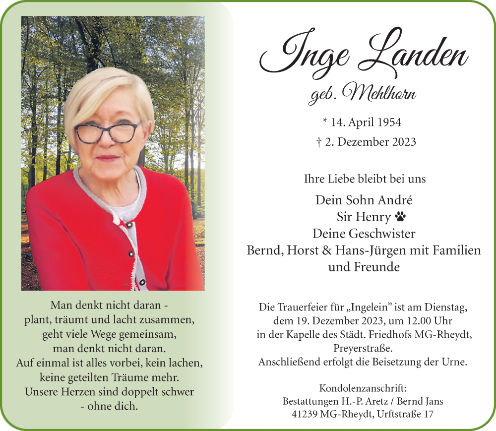  Traueranzeige für Inge Landen vom 10.12.2023 aus trauer.extra-tipp-moenchengladbach.de