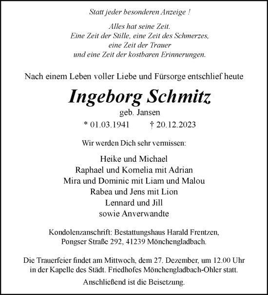 Traueranzeige von Ingeborg Schmitz von trauer.extra-tipp-moenchengladbach.de