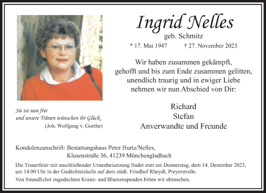 Traueranzeige von Ingrid Nelles von trauer.extra-tipp-moenchengladbach.de