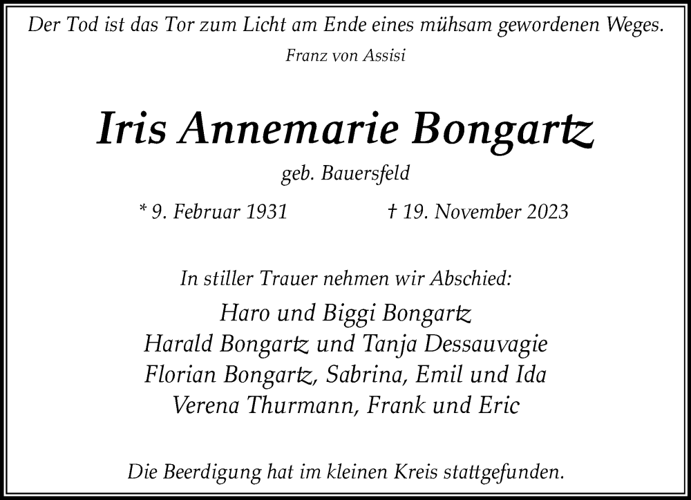  Traueranzeige für Iris Annemarie Bongartz vom 03.12.2023 aus trauer.extra-tipp-moenchengladbach.de