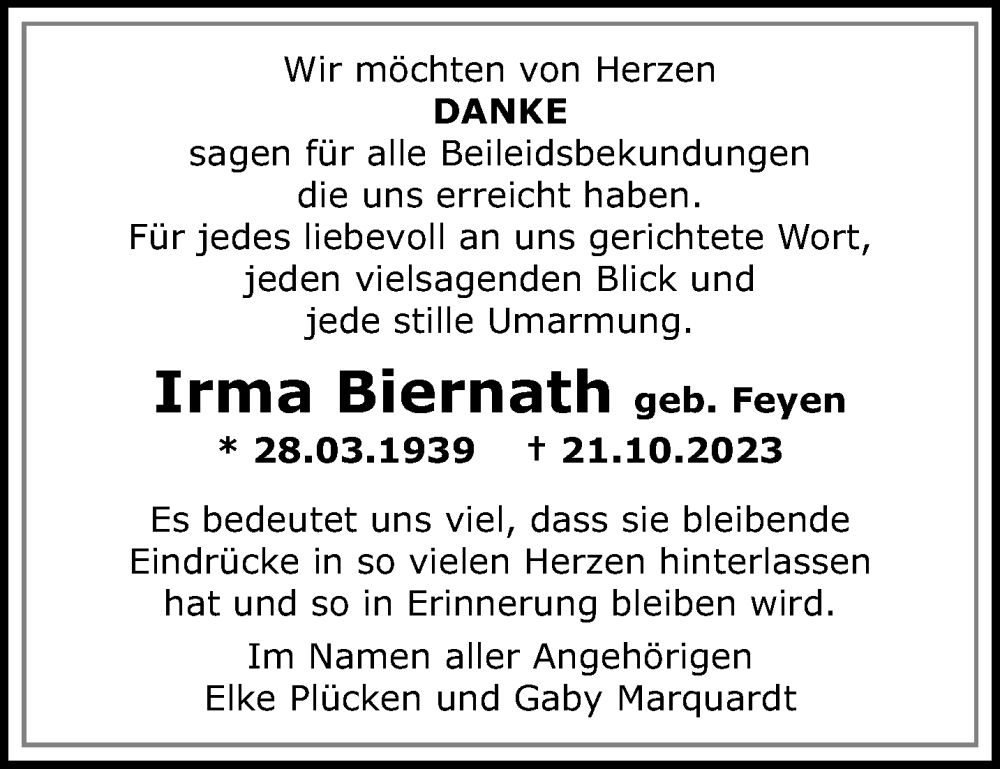  Traueranzeige für Irma Biernath vom 03.12.2023 aus trauer.extra-tipp-moenchengladbach.de