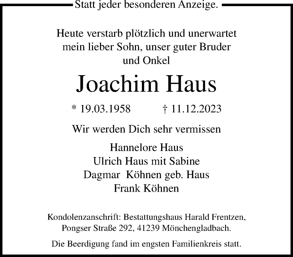  Traueranzeige für Joachim Haus vom 17.12.2023 aus trauer.extra-tipp-moenchengladbach.de