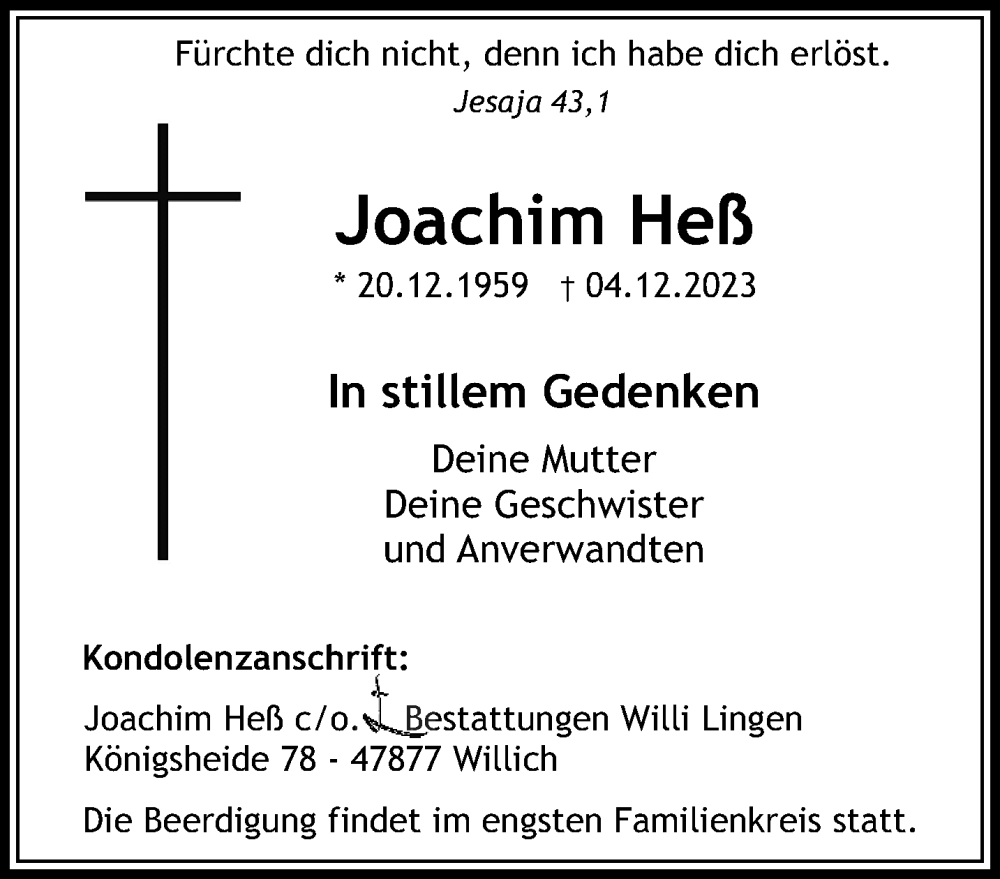 Traueranzeige für Joachim Heß vom 10.12.2023 aus trauer.extra-tipp-moenchengladbach.de