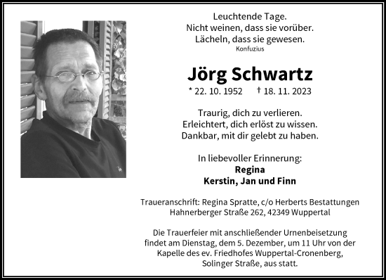 Traueranzeige von Jörg Schwartz von trauer.wuppertaler-rundschau.de