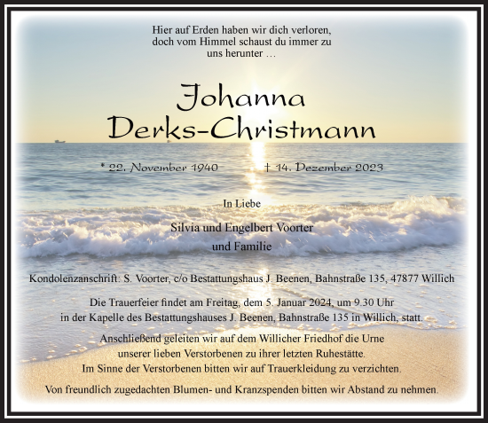 Traueranzeige von Johanna Derks-Christmann von trauer.extra-tipp-moenchengladbach.de