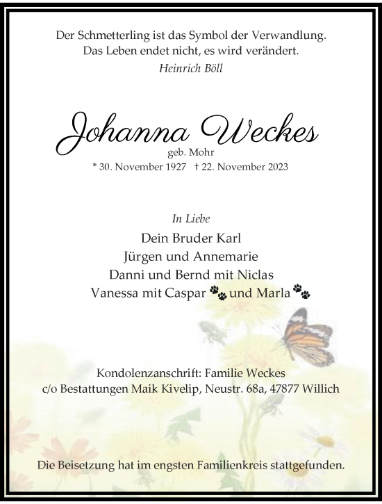 Traueranzeige von Johanna Weckes von trauer.extra-tipp-moenchengladbach.de